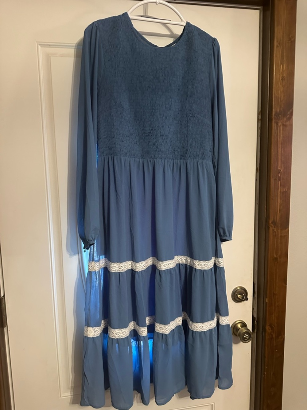 Blue Long Sleeve Lace Trim Maxi Dress